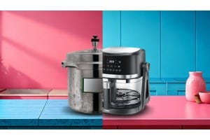 pressure cooker on a blue table, and a sleek, new Prestige coffee maker on a pink table