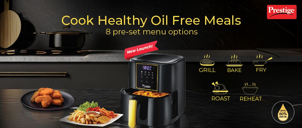 Prestige Air Fryer - Cook oil-free meals with 8 preset options. Uses up to 80% less oil