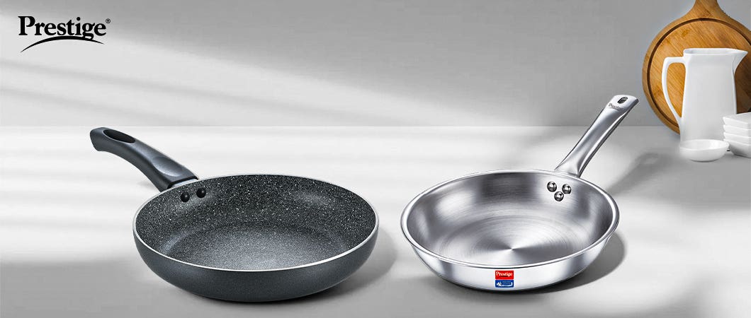 TTK Prestige fry pans (one non-stick granite finish and one stainless steel)