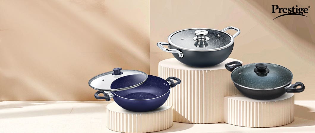 Prestige Kadai Collection Featuring Non-Stick, Cast Iron, and Ceramic Cookware
