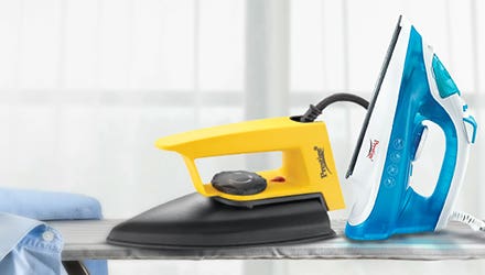 Two Prestige Electric Irons: Yellow Dry Iron and Blue Steam Iron