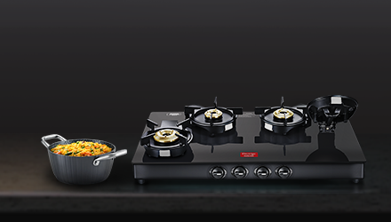  A shiny black glass-top gas stove with 4-burner,
