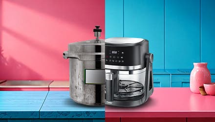 pressure cooker on a blue table, and a sleek, new Prestige coffee maker on a pink table