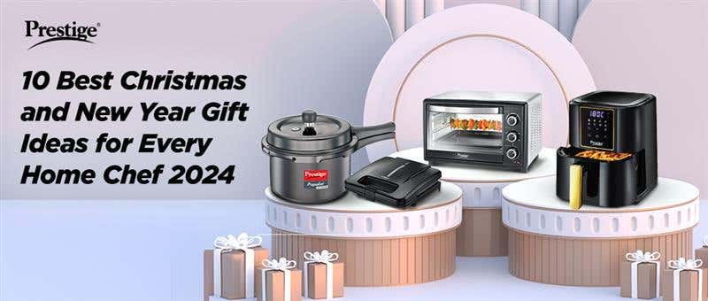 Prestige kitchen appliances including a pressure cooker, oven, sandwich maker, and air fryer, showcasing 10 best Christmas and New Year gift ideas for home chefs in 2024